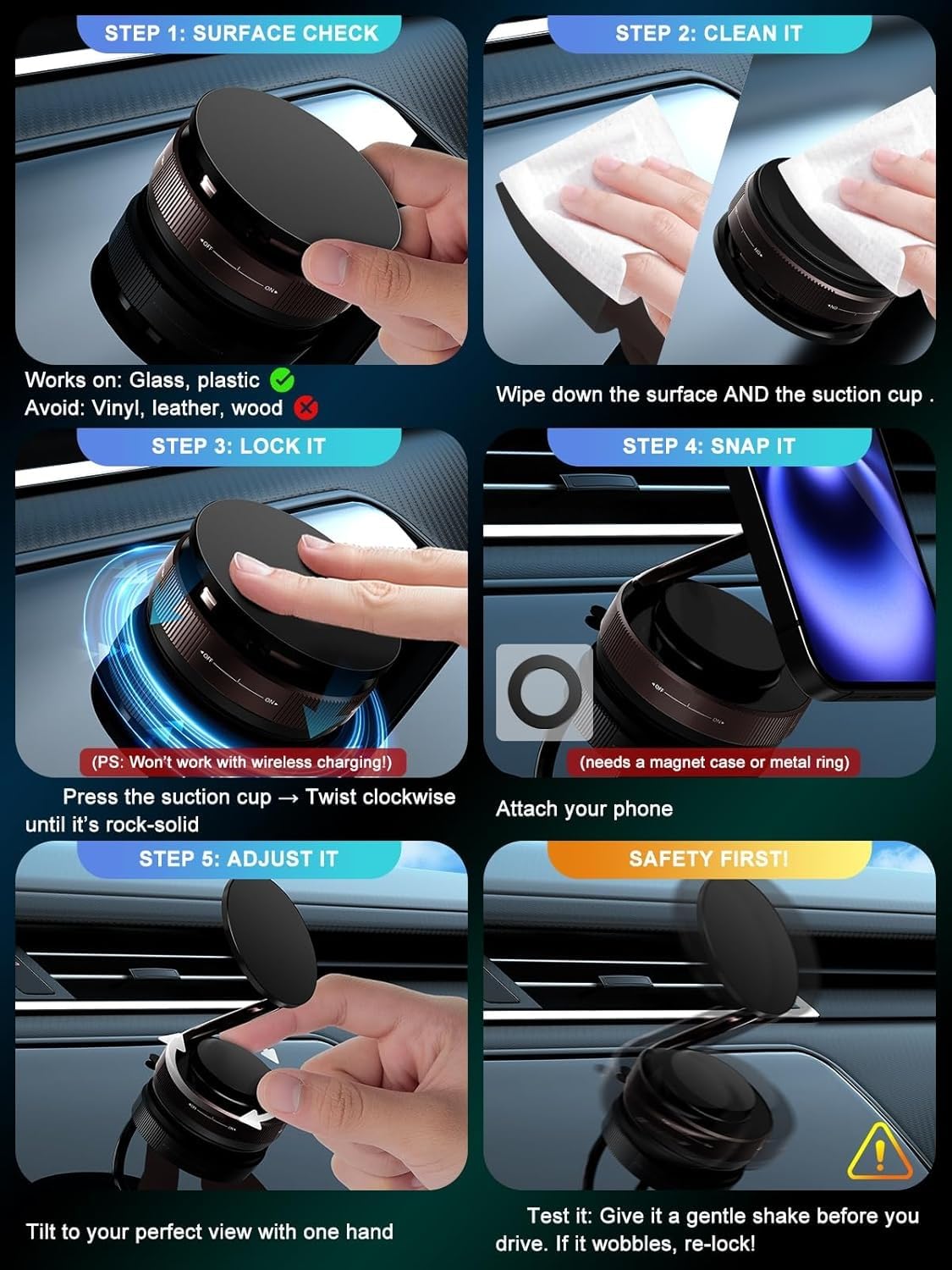 Magnetic Car Phone Mount | Hands-Free Suction Cup Mobile Holder for Car, Gym, Mirror & Shower | Universal Compatibility