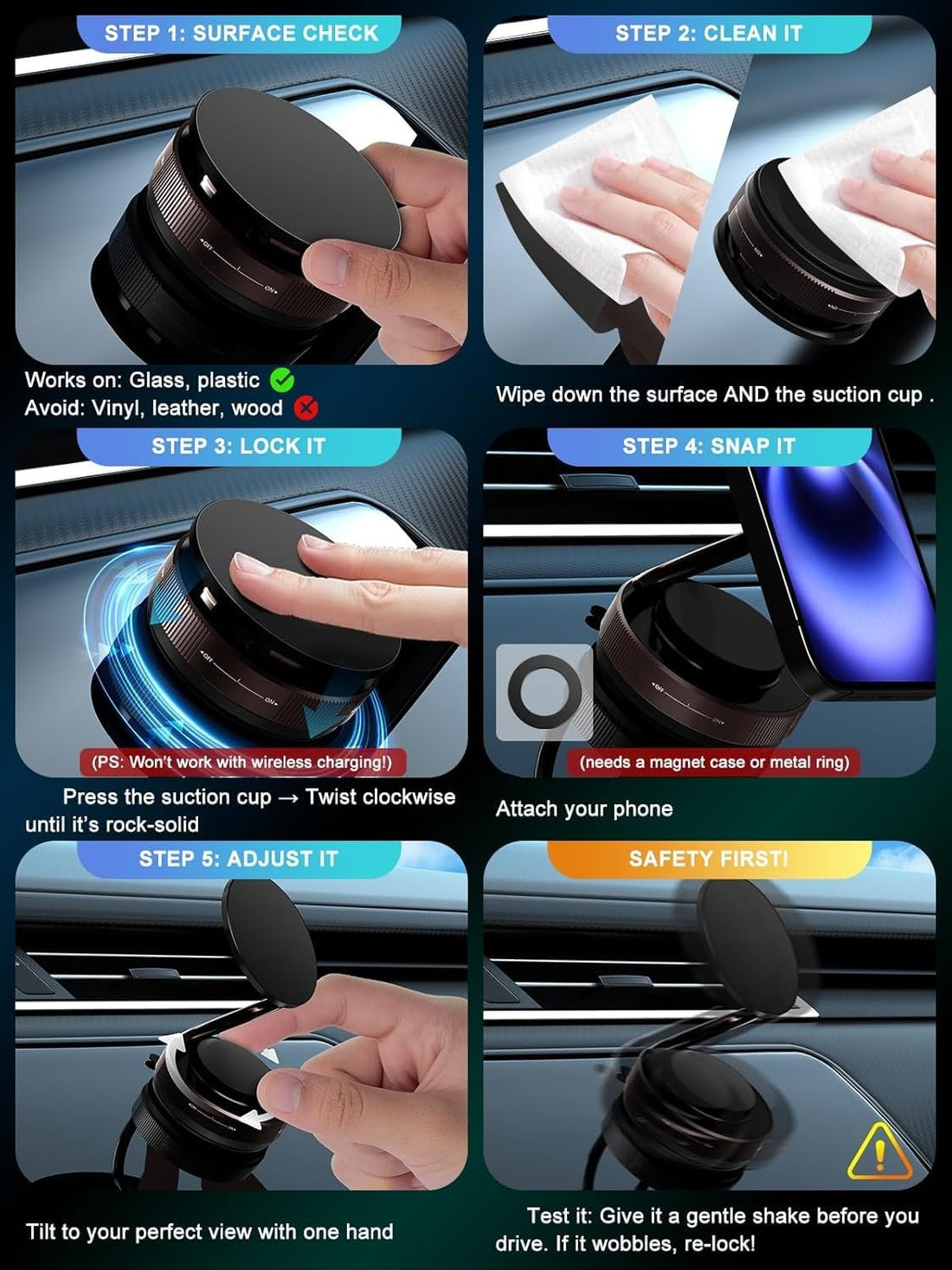 Magnetic Car Phone Mount | Hands-Free Suction Cup Mobile Holder for Car, Gym, Mirror & Shower | Universal Compatibility