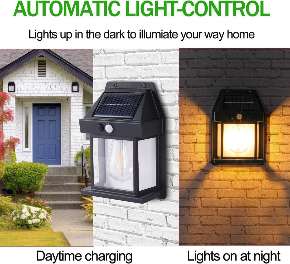 Solar Powered Waterproof Outdoor Wall Light with Motion Sensor | Auto Dusk to Dawn LED Lantern (Warm Yellow)