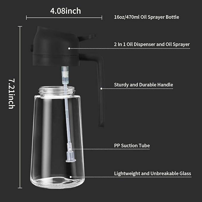 Premium Glass Oil Sprayer Bottle – Fine Mist Cooking Oil Dispenser (470ml)