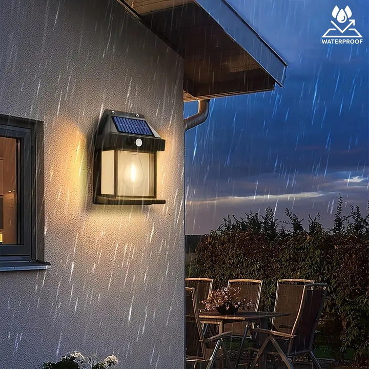 Solar Powered Waterproof Outdoor Wall Light with Motion Sensor | Auto Dusk to Dawn LED Lantern (Warm Yellow)