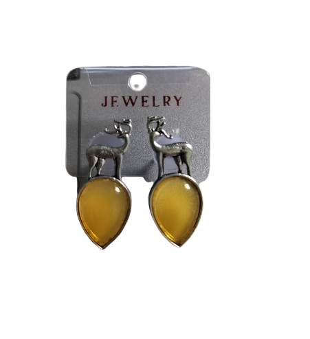 Silver Deer Drop Earrings with Cat-Eye Stone