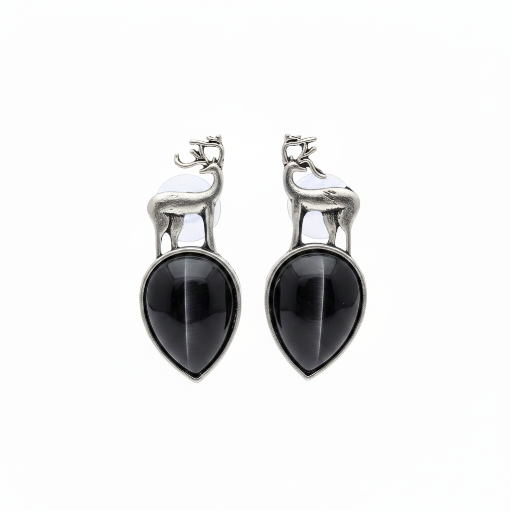 Silver Deer Drop Earrings with Cat-Eye Stone