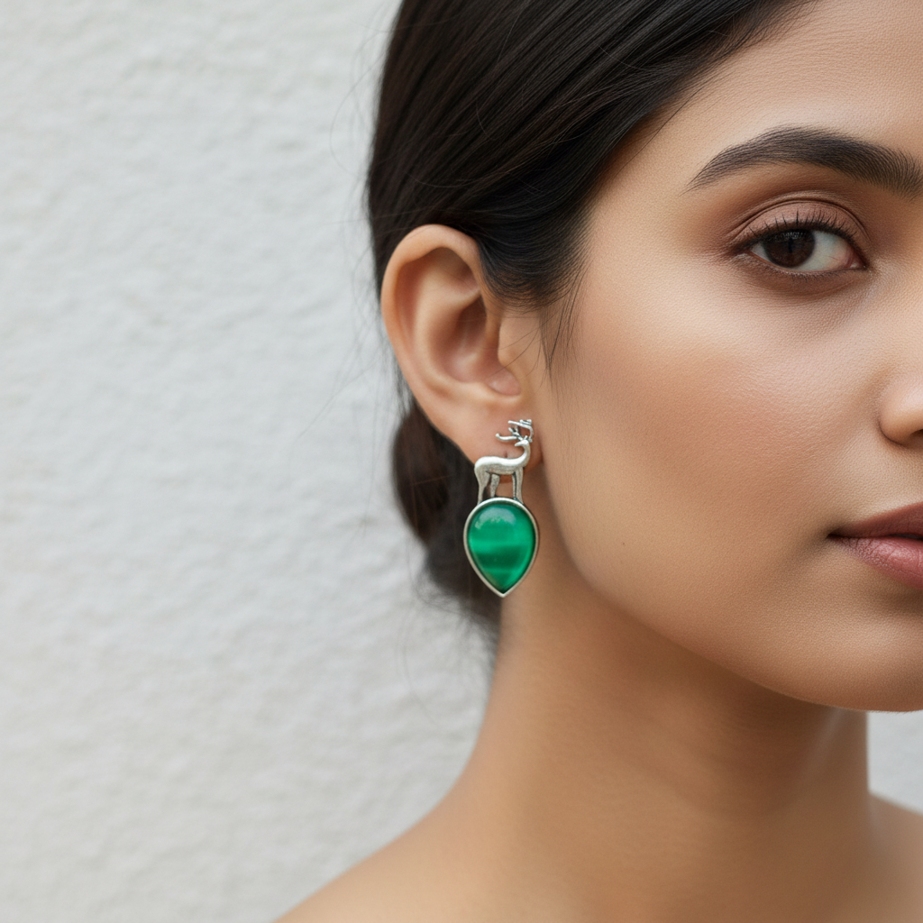 Silver Deer Drop Earrings with Cat-Eye Stone