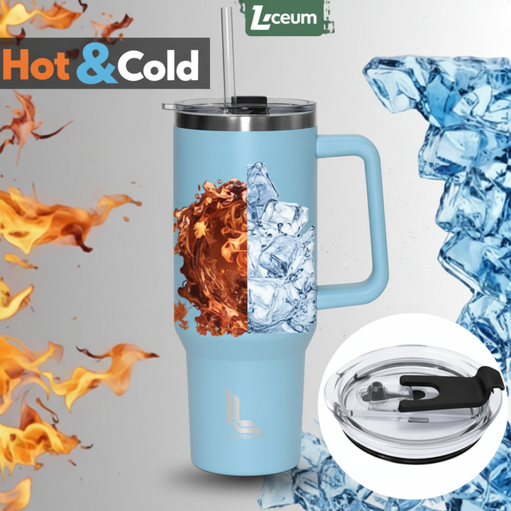 900ml Sky Blue Insulated Tumbler with Handle and Straw