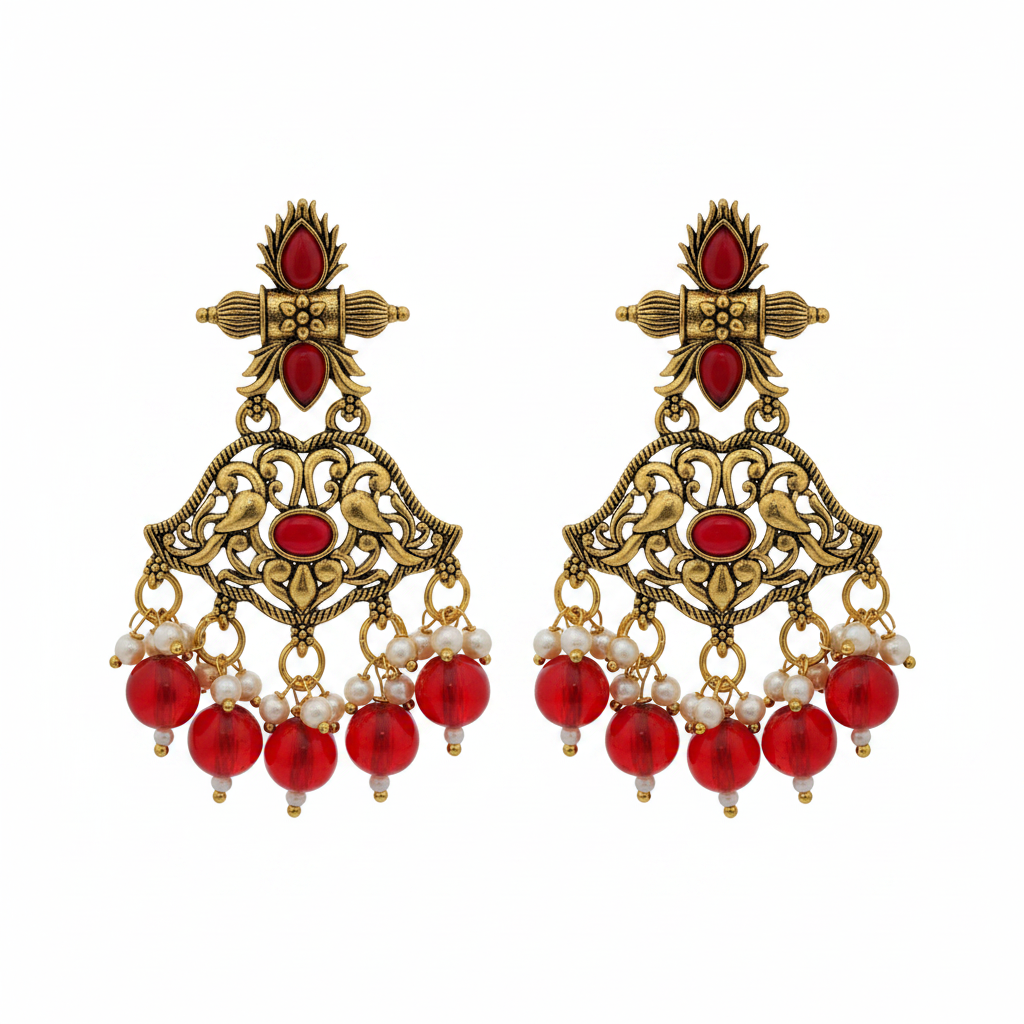 Traditional Antique Gold Peacock Jhumka Earrings - Product Image