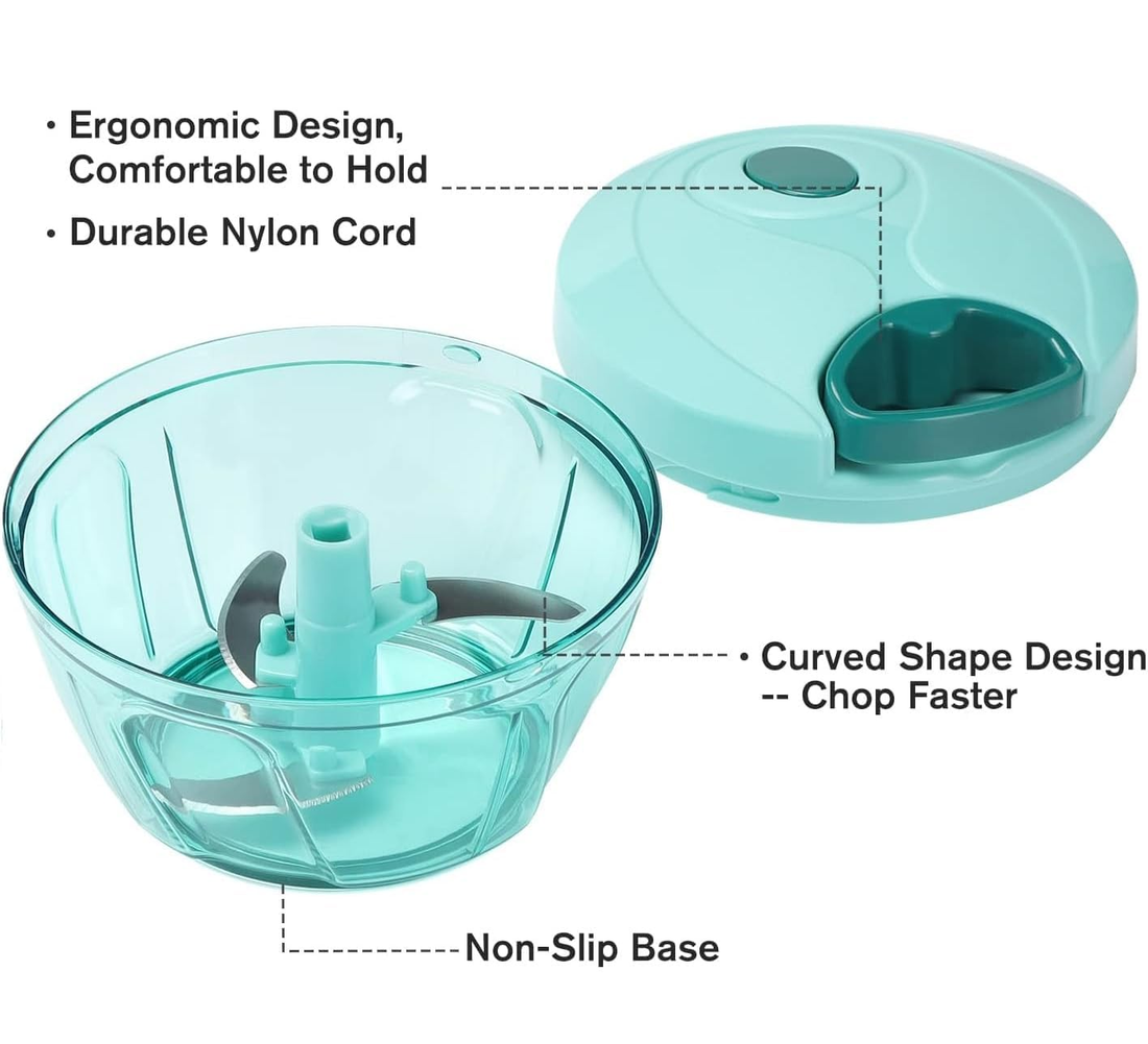 Manual Pull Cord Vegetable Chopper 500ml with curved blades and non-slip base