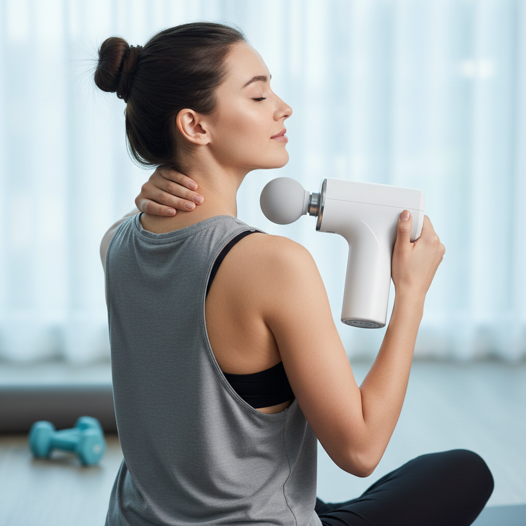 Person using Boost Massage Gun on neck and shoulder muscles