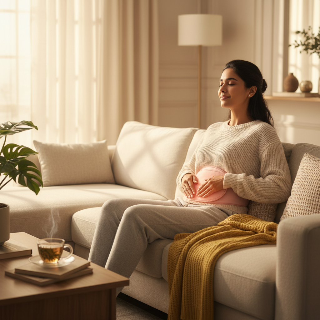 Woman wearing Cartliy period pain relief heating belt at home
