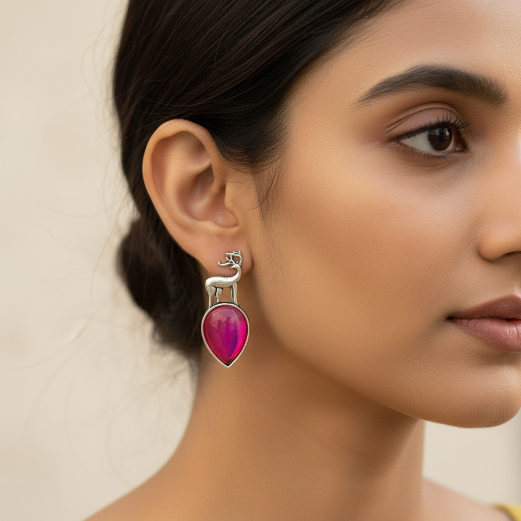 Silver Deer Drop Earrings with Cat-Eye Stone