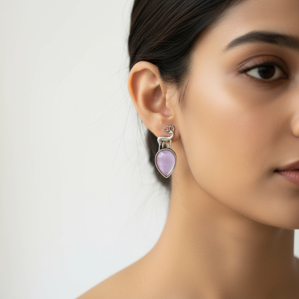 Silver Deer Drop Earrings with Cat-Eye Stone