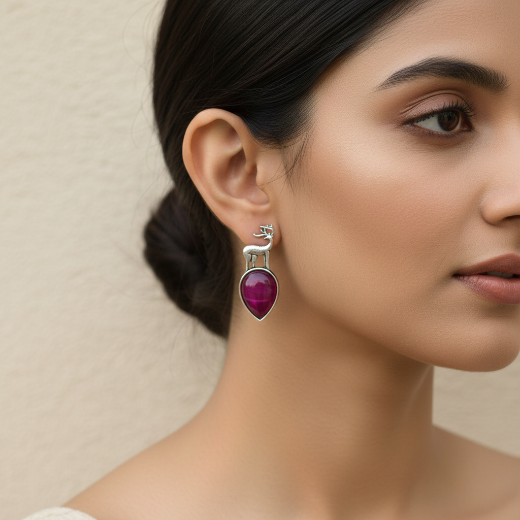 Silver Deer Drop Earrings with Cat-Eye Stone