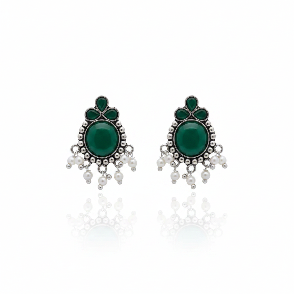 Silver Oxidized Earrings with Colorful Stone & Pearl Drops
