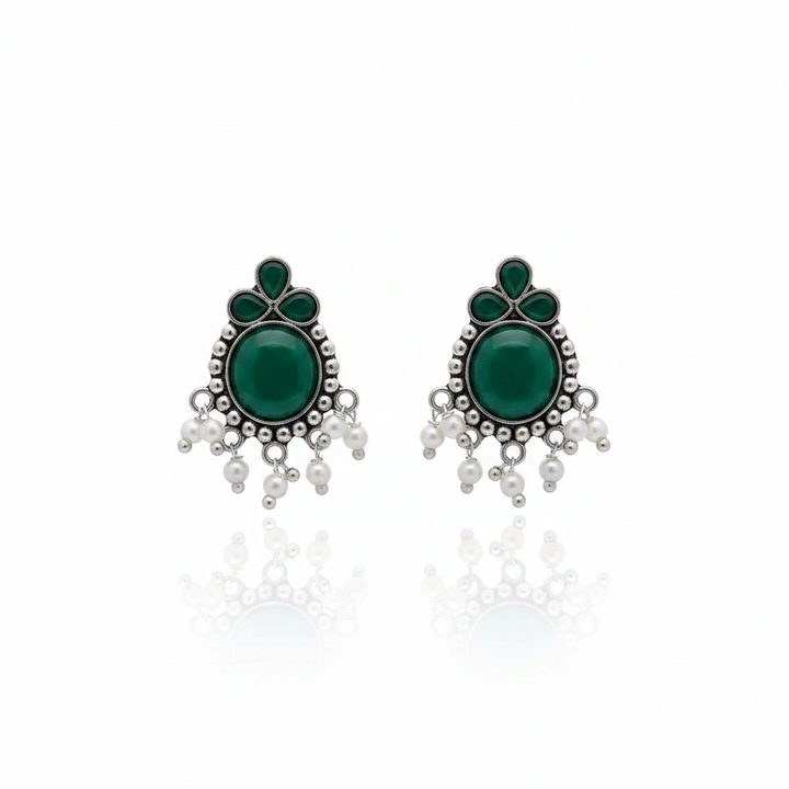 Silver Oxidized Earrings with Colorful Stone & Pearl Drops