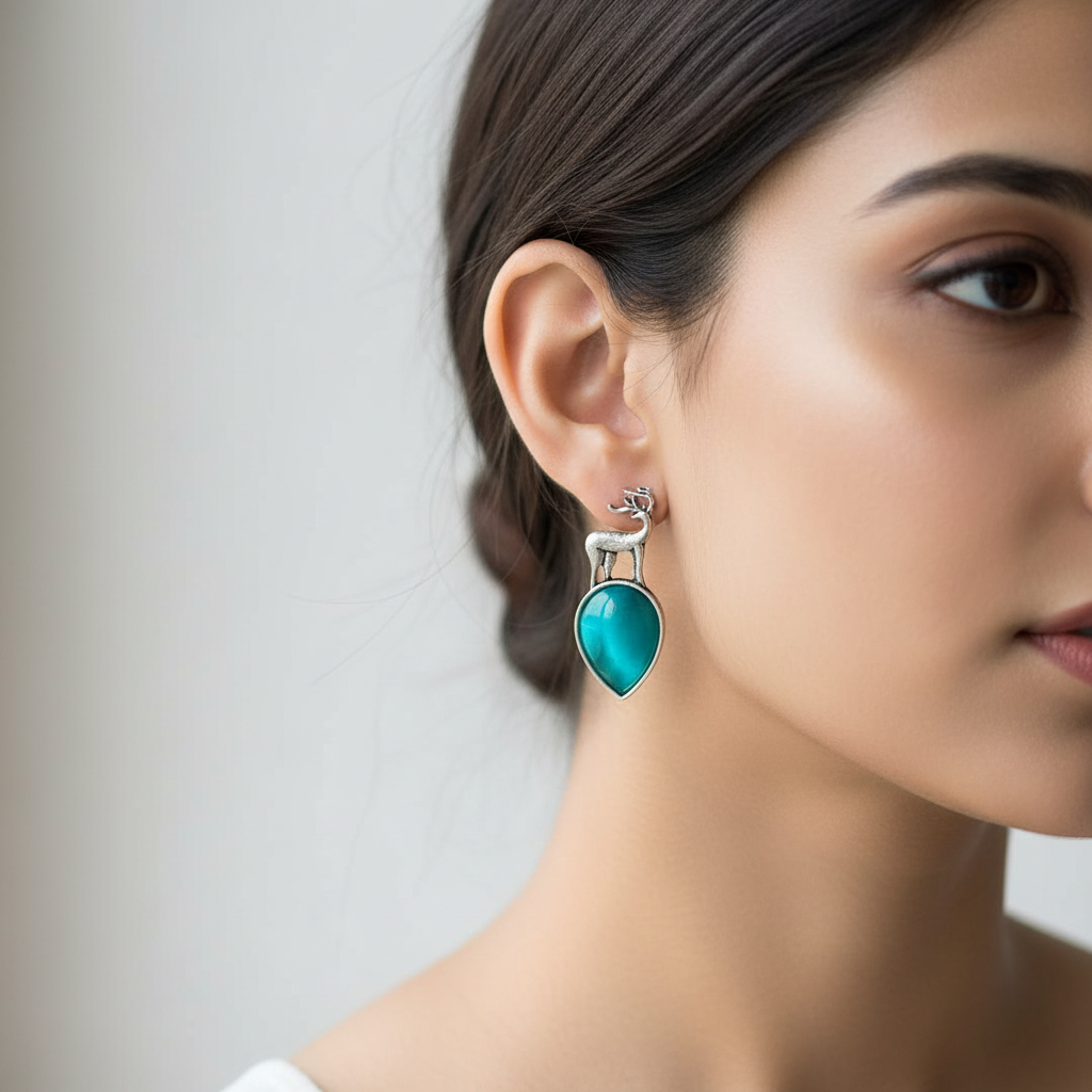 Silver Deer Drop Earrings with Cat-Eye Stone